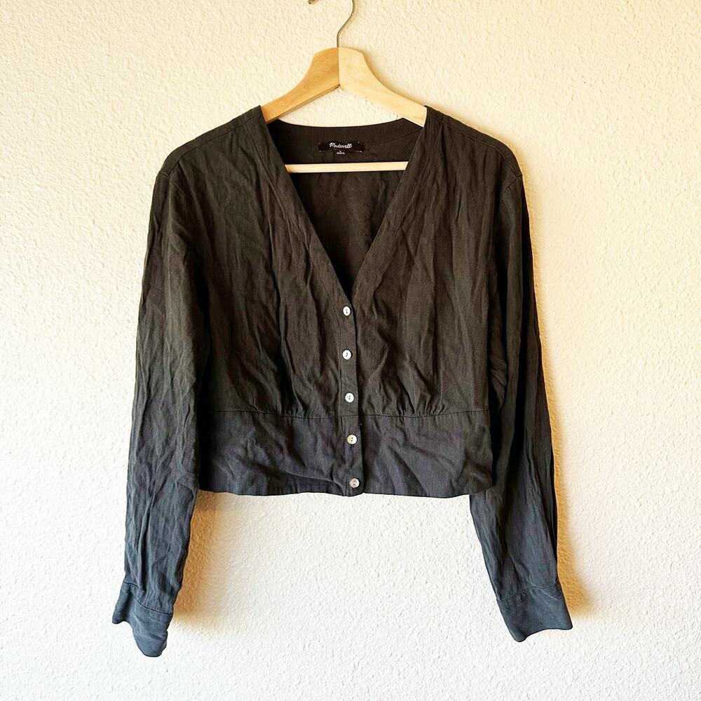 Madewell Lusterweave V-Neck Button Front Shirt Womens M Black Cropped NO457 - Picture 4 of 9